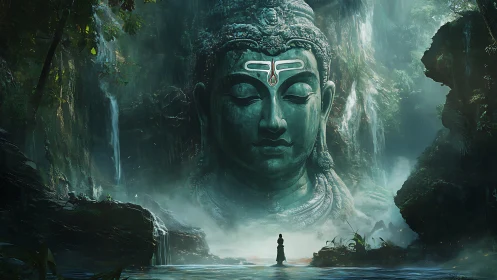 Mystic jungle temple invites quiet reflection beside a giant statue