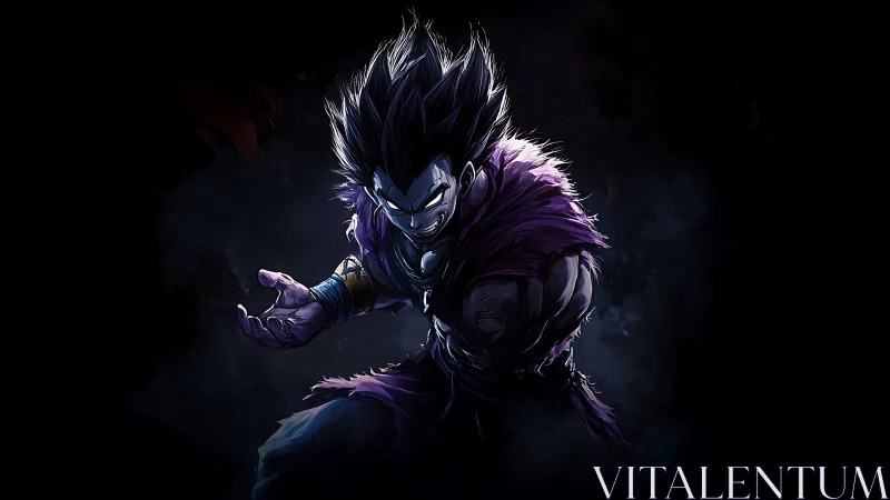 Dark-clad spiky-haired warrior in low key digital art.