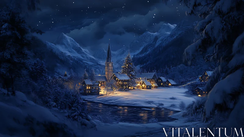 Snowbound alpine village glows under a starlit nocturne sky