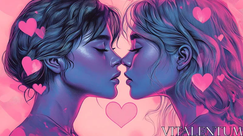 Intimate Digital Portrait: Two Figures Kissing Amid Neon Hearts