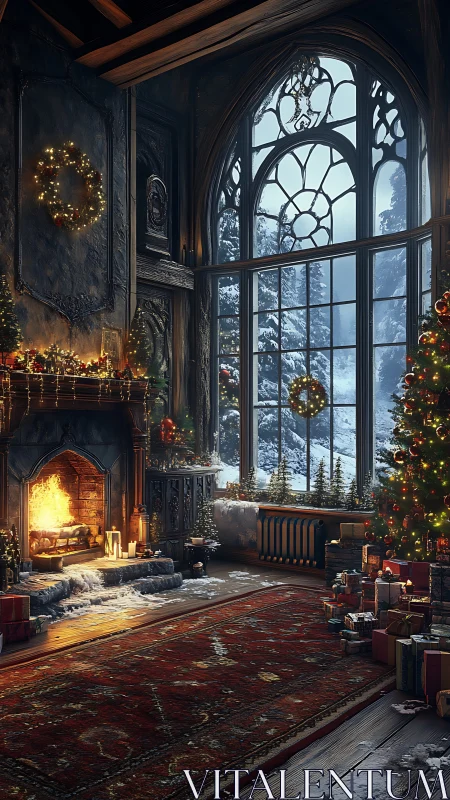 Cozy snowy Christmas room glows with firelight and wonder