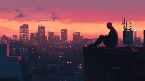 Solitary masked figure on rooftop above sunset cityscape.