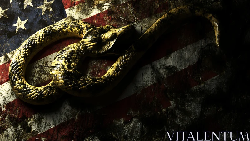 Coiled yellow snake in high-contrast relief over weathered US flag