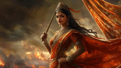 Regal warrior woman stands in ornate attire before burning city