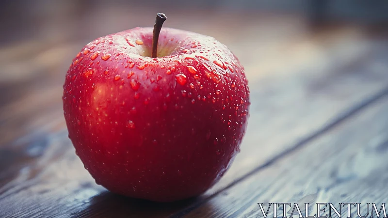 Crimson orchard jewel waits, beaded with morning whispers