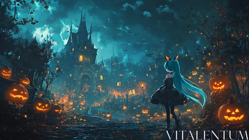 Girl with teal hair in dark Halloween pumpkin street.