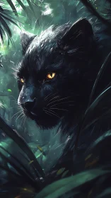 Black Panther's Luminous Gaze in Emerald Wilderness.