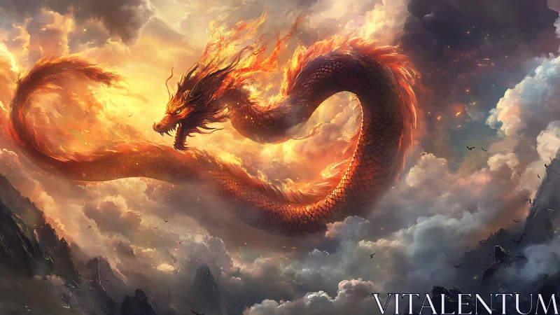 Flaming serpentine dragon coils through storm-lit celestial clouds