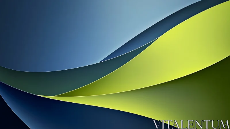 Curved lime and blue ribbons in layered abstract motion.