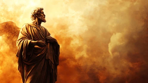 Winged angel statue against dramatic golden clouds.