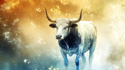 White horned bull stands in glowing cosmic colored mist.