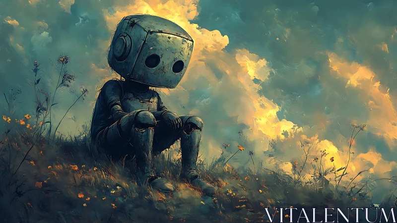 Rusty dreamer robot watches storm-lit clouds drift by
