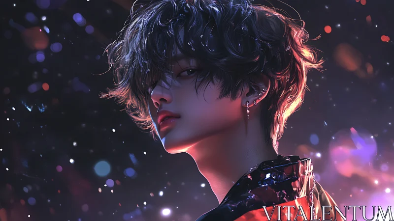 Starlit rebel tilts their gaze beneath neon-dusted night