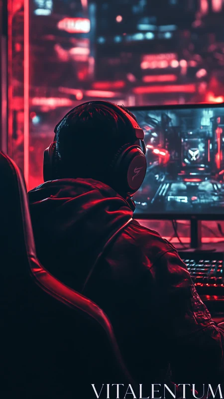 Cyber gamer locked in neon red immersive battlestation.