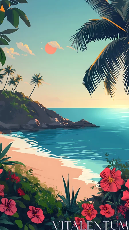 Tropical Beach Sunset with Palm Trees and Flowers