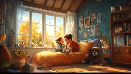 Digital illustration depicting warm family moment in sunlit bedroom with autumn ambiance