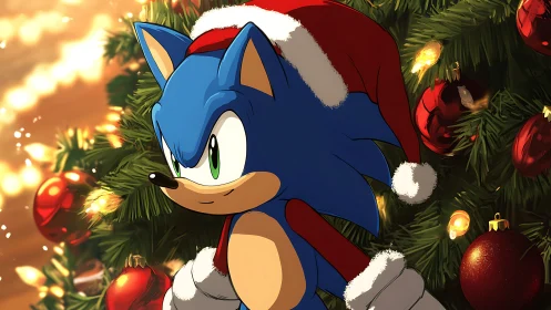 Stylized blue hedgehog with Santa hat before lit Christmas tree