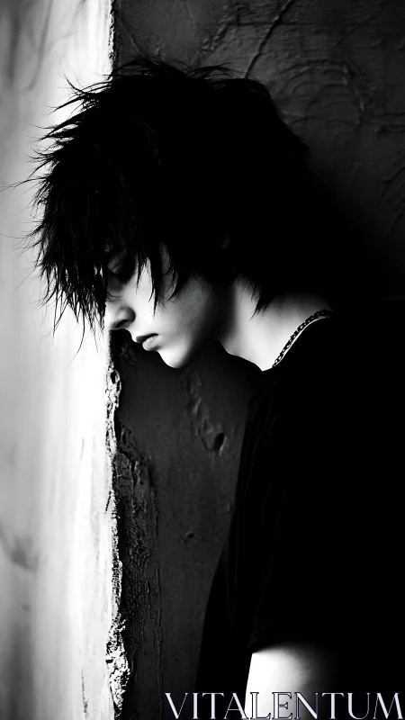 Moody monochrome portrait of youth against textured wall.