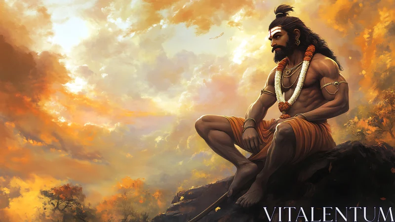 Muscular seated sage figure overlooks glowing orange sunset sky