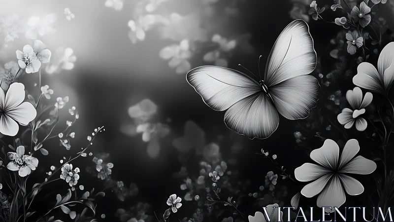Monochrome butterfly glides above stylized blossoms in chiaroscuro