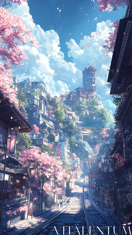Sunlit cherry blossom street climbs toward a dreamy hill city