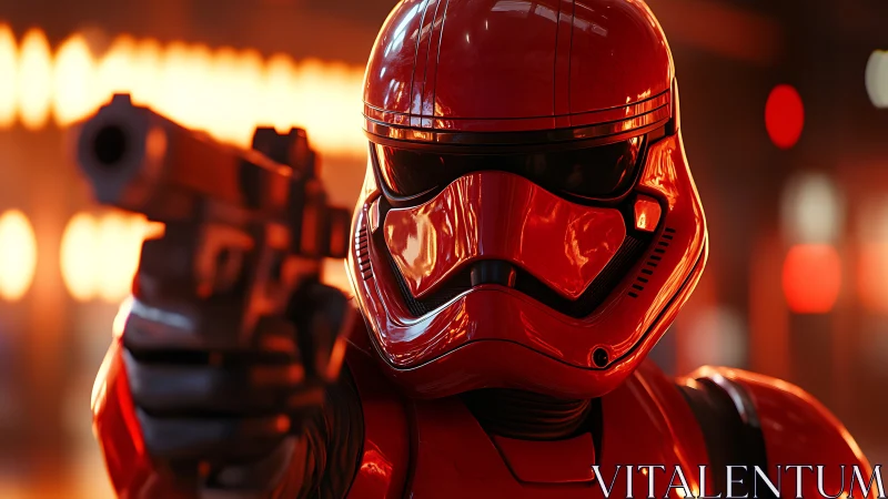 Red armored sci fi trooper aims pistol in neon corridor.