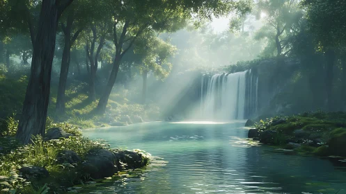 Luminescent Forest Waterfall with Ethereal Light Shaft Rendering