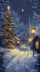 Snowy village lane glows beneath a starlit Christmas sky.