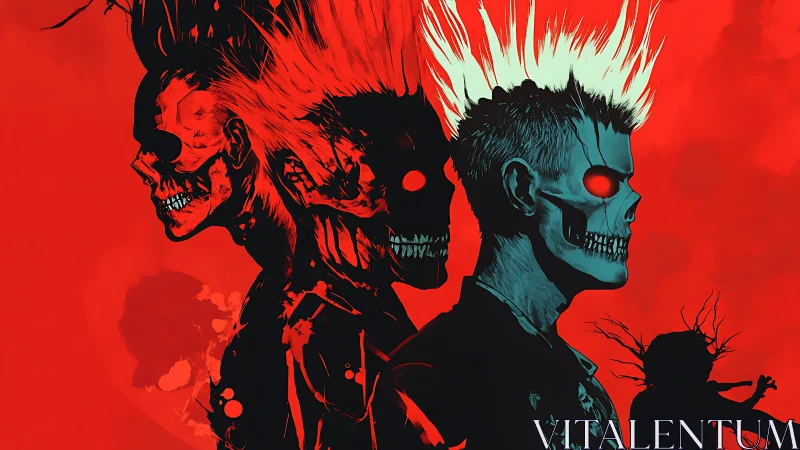 Flaming skull triptych in stark crimson horror tableau.