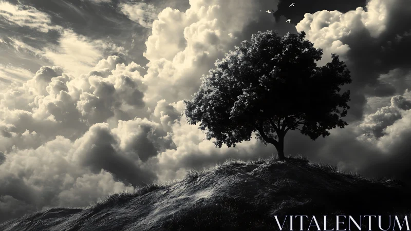 Lone tree on hilltop under dramatic cloudy sky, black and white style.