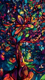 Intricate stained glass tree with dense layered organic leaf tessellation