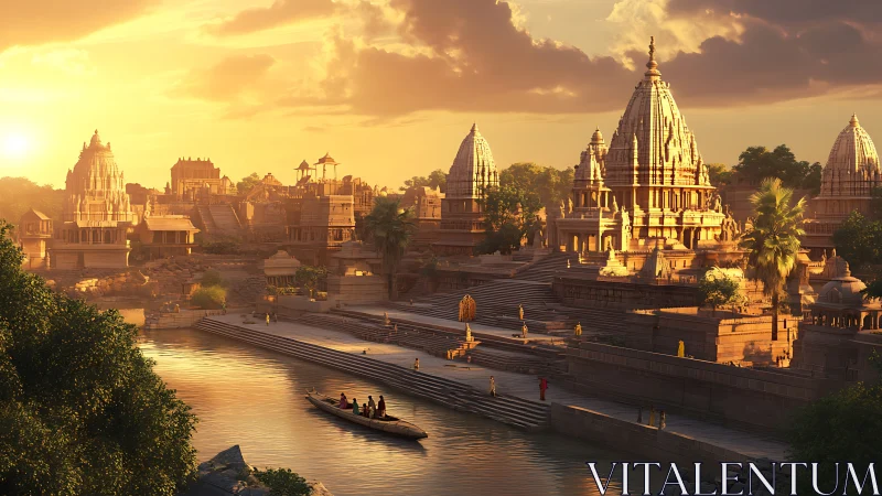 Golden riverfront temples glow in a tranquil sunset haze