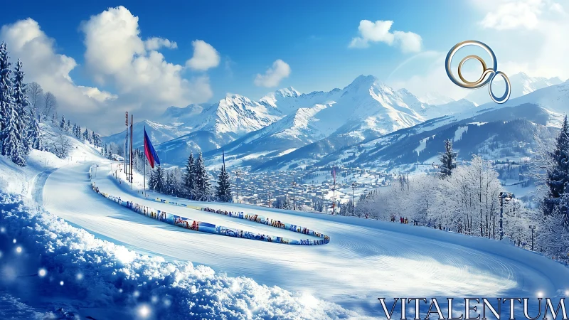 Alpine ski slope rendered with volumetric atmospheric effects and snow particle simulation