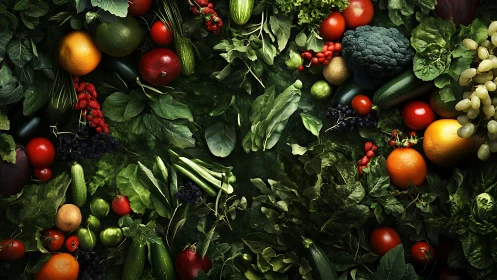 Garden galaxy of fruits and greens orbiting a leafy void.