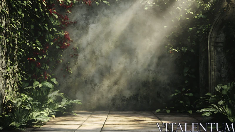 Sunlit garden wall with drifting mist and lush ivy frame.