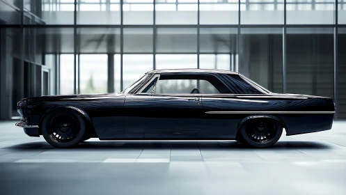 Black classic coupe rendered in a glass office atrium