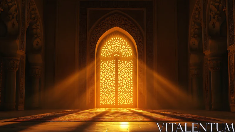 Golden sunlit doorway casting warm light across a quiet hall.