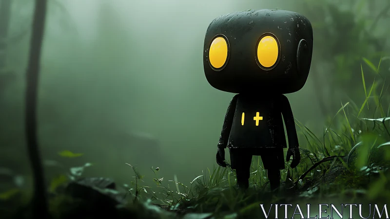 Robot figure stands in misty forest with glowing yellow eyes
