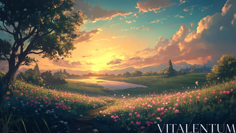 Digital landscape depicts sunset over river and flower field