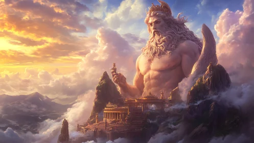 Colossal sky-god cradles a sunlit Olympus between clouds