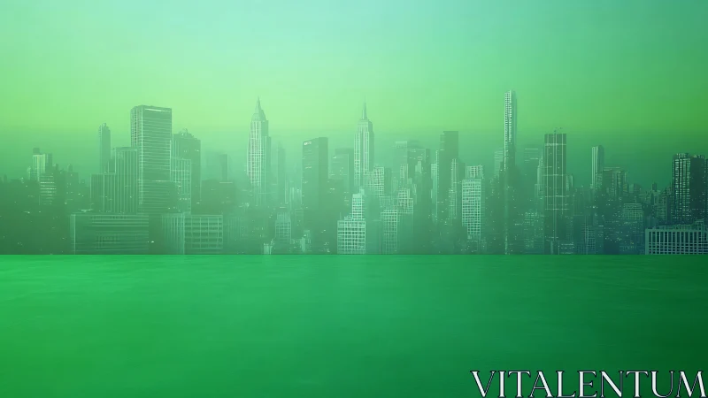 Distant city skyline stands behind uniformly green foreground