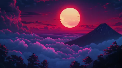 Radiant moonrise above dreamy clouds and quiet mountain.