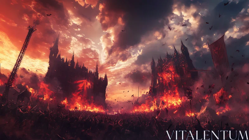 Infernal siege engulfs twin dark fortresses in crimson fire.