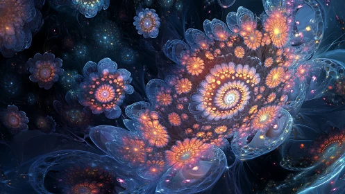 Fractal floral structures with luminous radial clusters.