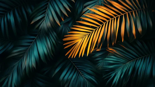 Tropical palm leaves glow with teal shadows and gold light.