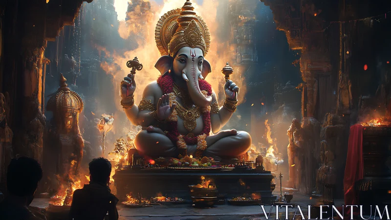 Ganesha deity statue in ornate temple interior at night.