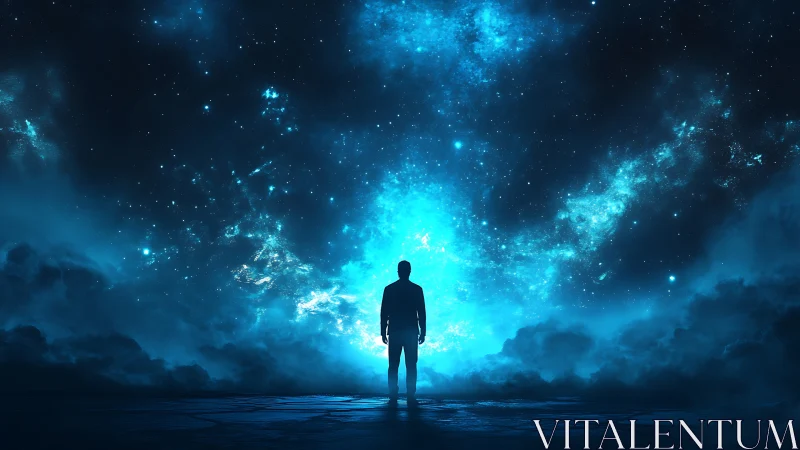 Silhouetted figure faces luminous galactic portal in deep space