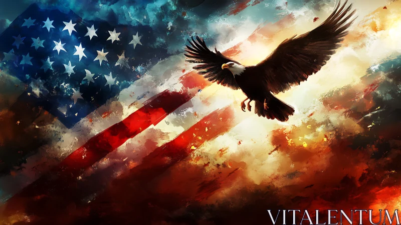 Digital painting depicts bald eagle over abstract US flag