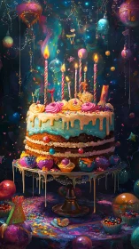 Magical Birthday Cake with Glowing Candles and Neon Orbs.