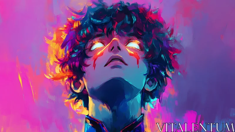 Luminous gaze in electric neon dreamlight portrait.